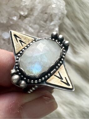 Sterling Silver Rainbow Moonstone handmade statement ring brass accents size 7